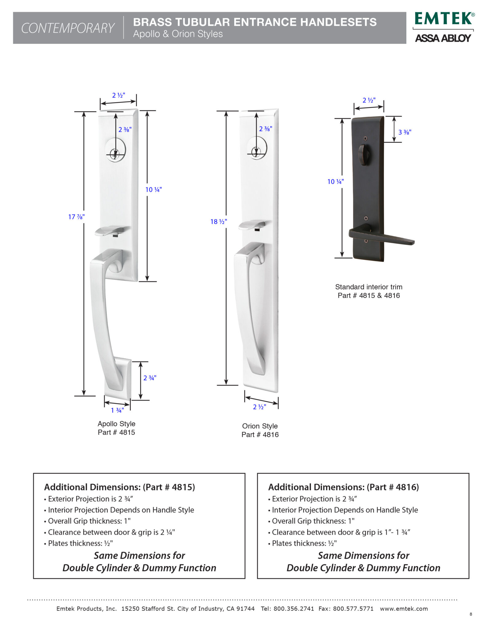 Emtek Apollo Tubular Entry Sets Canada Door Supply