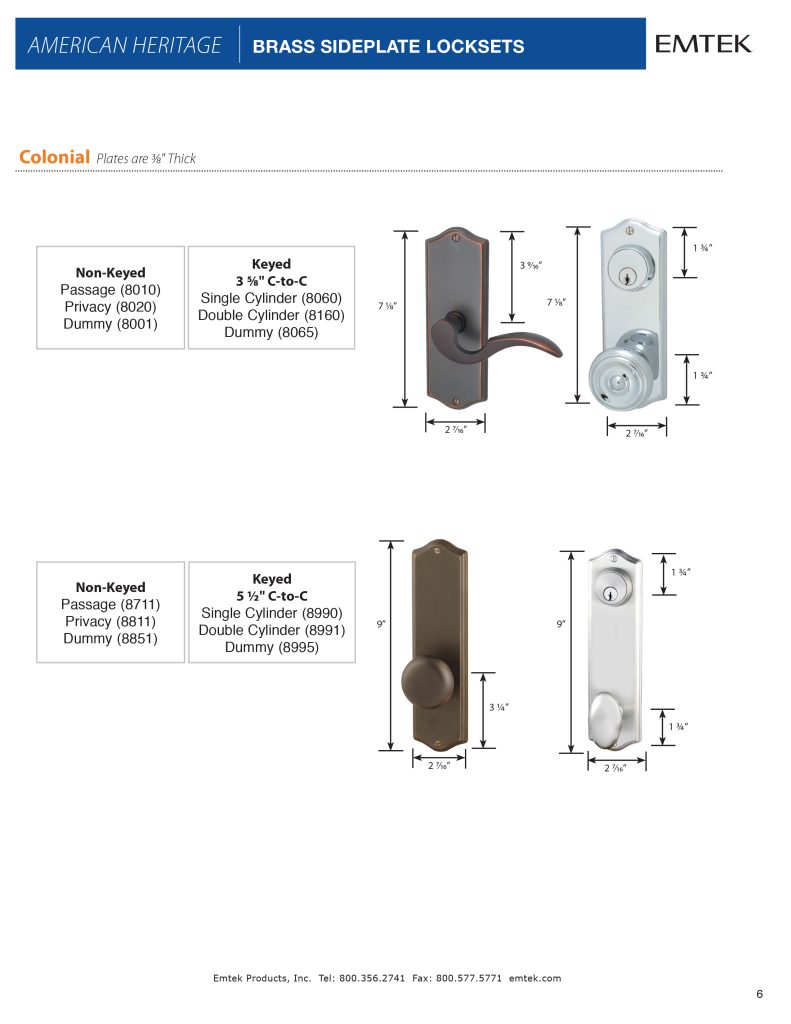 Two Standard 2-1/8" Door Preps Center to Center hole spacing 5-1/2" Schlage C Keyway Standard latch is for 2-3/8" backset. Specify 2-3/4" backset if required Handing required for Lever Set