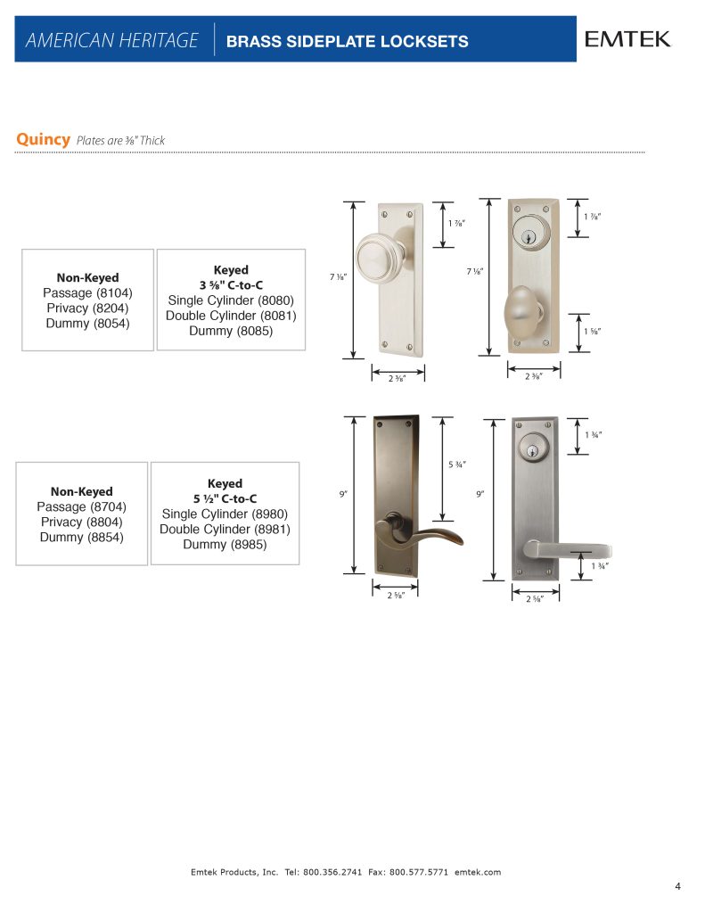 EMTEK Quincy Sideplate Keyed 5 1/2" C to C