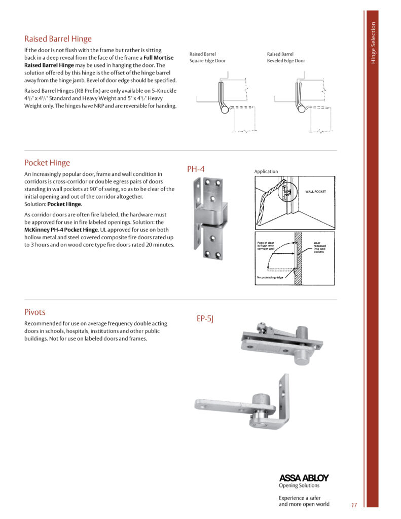 Raised Barrel Hinges are recommended for use where the door is set in a deep reveal. Standard weight raised barrel hinges are recommended for use on average frequency and/or medium weight wood or metal doors where the door is set in a deep revealed frame Standard weight raised barrel hinges are supplied with a no hole bottom plug and the pin is held in place by an NRP set screw which allows the hinge to be reversible. Specify RB-TA4714/RB-TA4314 for doors beveled on hinge side Heavy weight raised barrel hinges are recommended for use on high frequency and/or heavy wood or metal doors where the door is set in a deep revealed frame Heavy weight raised barrel hinges are supplied with a no hole bottom plug and the pin is held in place by an NRP set screw which allows the hinge to be reversible. Specify RB-T4A4786/RB-T4A4386 for doors beveled on hinge side Door leaf mortised into door Frame leaf may be mortised or surface applied Reversible Hinge