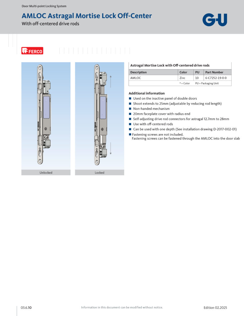 Ferco Astragal Mortise Lock Off-Center (AMLOC)