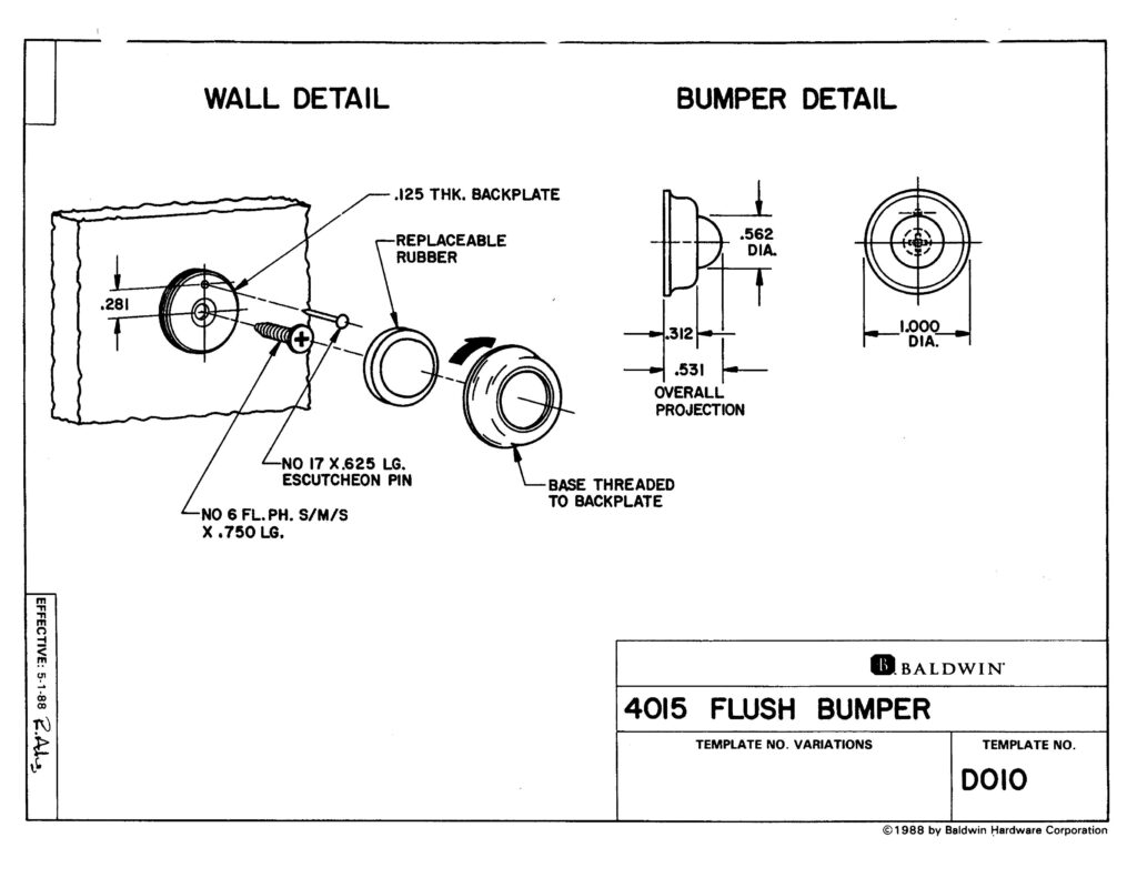 FEATURES The Wall Flush Bumper is a compact design that protects walls and doors from damage in cases where larger bumpers are not suitable. 1" Diameter Convex design with concealed fasteners. Our Non-Lacquered Brass is an artfully crafted living finish. Created purposefully to have a stunning brass look that will develop a vintage-like patina and darken with age. Baldwin Hardware has a rich tradition of high-quality, master craftsmanship, solid brass products. A difference you can both feel and see. Utilize our beautiful and quality decorative door hardware that is guaranteed to match the finish of your other Baldwin hardware pieces.